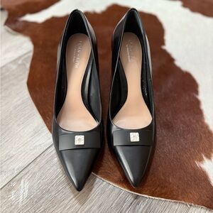 Born Black Leather Heels with Bow Accent